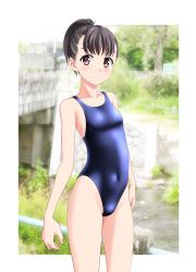 Rule 34 | 1girl, absurdres, black hair, black one-piece swimsuit, breasts, bridge, brown eyes, competition swimsuit, contrapposto, covered navel, cowboy shot, highleg, highleg swimsuit, highres, looking at viewer, one-piece swimsuit, original, photo background, ponytail, short hair, small breasts, solo, stream, swimsuit, takafumi