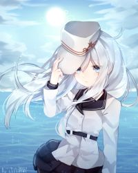 Rule 34 | arm up, blue eyes, commission, dated, day, eyes visible through hair, hat, hibiki (kancolle), highres, kantai collection, lilianei, long hair, looking at viewer, ocean, sailor collar, school uniform, skirt, sky, sparkle, upper body, white hair