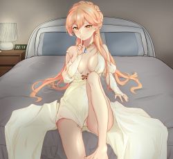Rule 34 | 1girl, bare legs, bare shoulders, bed, blonde hair, blush, braid, breasts, closed mouth, clov3r, collarbone, dress, earrings, finger to mouth, french braid, girls&#039; frontline, gloves, hair ornament, heart, heart earrings, highres, jewelry, lamp, legs, long hair, looking at viewer, medium breasts, necklace, no shoes, official alternate costume, on bed, ots-14 (destined love) (girls&#039; frontline), ots-14 (girls&#039; frontline), panties, pantyshot, partially fingerless gloves, pillow, ring, sitting, smile, solo, toes, underwear, white background, white dress, white gloves, white panties, yellow eyes