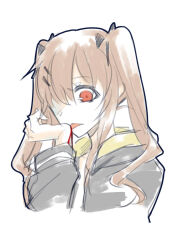 Rule 34 | 1girl, black jacket, black ribbon, blood, blood on hands, brown hair, chinese commentary, commentary request, girls&#039; frontline, hair ornament, hair over one eye, hair ribbon, hairclip, highres, hood, hood down, hooded jacket, jacket, licking, licking blood, licking hand, long hair, long sleeves, looking down, outline, red eyes, ribbon, simple background, solo, su xiao jei, twintails, ump9 (girls&#039; frontline), upper body, white background
