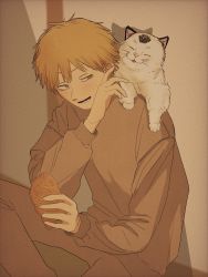 Rule 34 | 2boys, animal, animal on shoulder, blonde eyebrows, blonde hair, brown jacket, brown legwear, brown pants, cat, cat on shoulder, chainsaw man, closed eyes, crossed legs, denji (chainsaw man), eyebrows, fang, fangs, fish, food, hair between eyes, happy, headpat, highres, holding, holding food, indoors, jacket, jeoth03k, leaning back, leaning on object, light blush, long sleeves, looking at another, male focus, meowy (chainsaw man), multiple boys, open mouth, pale skin, pants, sharp teeth, short hair, sitting, sleeves past elbows, smile, teeth, wall, whiskers, yellow eyes, yellow theme
