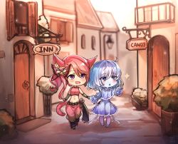 Rule 34 | 2girls, absurdres, ahoge, animal ears, ayanobro, blue eyes, blue hair, blue skin, bug, butterfly, candy store, cat ears, cat girl, cat tail, chibi, colored skin, crop top, elbow gloves, fang, gloves, hair ornament, highres, inn, insect, multiple girls, original, pink hair, pointing, purple eyes, shop, sign, skin fang, sparkle, tail, tentacles