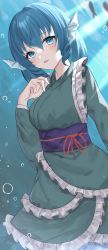 Rule 34 | 1girl, absurdres, anima miko, belt, blue eyes, blue hair, blush, bow, breasts, commentary request, dress, drill hair, eyes visible through hair, fish, frills, green dress, green kimono, hair between eyes, hand up, highres, japanese clothes, kimono, light, long sleeves, looking at viewer, medium breasts, mermaid, monster girl, open mouth, purple belt, red bow, short hair, smile, solo, swimming, touhou, underwater, wakasagihime, wide sleeves