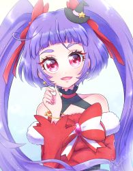 Rule 34 | 1girl, :d, absurdres, black hat, bow, bracelet, brooch, cure magical, cure magical (ruby style), earrings, fur trim, hair bow, hat, hat ornament, highres, izayoi liko, jewelry, long hair, looking at viewer, magical girl, mahou girls precure!, mini hat, mini witch hat, open mouth, pink eyes, precure, purple hair, red bow, rii (rii0 02), signature, simple background, smile, solo, star (symbol), star earrings, star hat ornament, striped, striped bow, thick eyebrows, twintails, upper body, white background, witch hat
