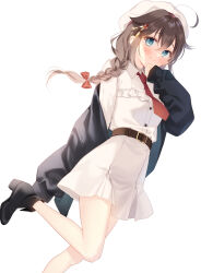 Rule 34 | 1girl, ahoge, belt, black footwear, blue eyes, boots, braid, brown belt, brown hair, buttons, closed mouth, collared dress, dress, foot out of frame, hair between eyes, hair flaps, hat, highres, kantai collection, long hair, naoto (tulip), necktie, red necktie, shigure (kancolle), shigure kai san (kancolle), simple background, single braid, sleeves past wrists, smile, solo, white background, white dress, white hat