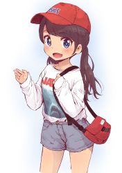 Rule 34 | 1girl, arm up, asics, bag, baseball cap, blue eyes, brown hair, commentary request, denim, denim shorts, haaam, hat, jaws (movie), long hair, low twintails, open mouth, original, print shirt, shirt, short shorts, shorts, smile, solo, twintails, waving, white shirt