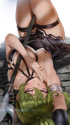 Rule 34 | 1girl, arm strap, armlet, armpits, bare shoulders, between legs, black choker, black dress, breasts, choker, dress, green hair, halter dress, halterneck, highres, index finger raised, large breasts, lying, magion02, on back, polearm, purple eyes, skindentation, solo, sousou no frieren, spear, thigh strap, thighs, ubel (sousou no frieren), weapon