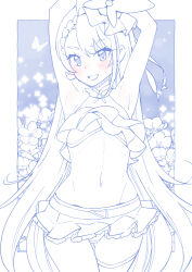 Rule 34 | 1girl, armpits, arms up, asymmetrical bangs, belt, blue theme, blush, braid, braided bangs, brooch, bug, butterfly, butterfly hat, commentary, cowboy shot, cropped shirt, crotch seam, cure butterfly, flower, frilled shirt, frilled skirt, frills, groin, highres, hijiri ageha, hirogaru sky! precure, insect, jewelry, long hair, looking at viewer, magical girl, microskirt, midriff, miyagoe yoshitsuki, monochrome, navel, open mouth, outside border, panties, pantyshot, pleated skirt, precure, shirt, single thighhigh, skirt, sleeveless, sleeveless shirt, smile, solo, spot color, standing, thigh gap, thighhighs, tilted headwear, underwear, very long hair