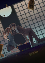 Rule 34 | 1boy, 1girl, amamiya ren, architecture, black hair, blazer, board game, brown eyes, brown hair, east asian architecture, eye contact, glasses, hand in another&#039;s hair, hetero, ichi yasushi, imminent kiss, indoors, jacket, kneeling, kosei high school uniform, leaning forward, long hair, looking at another, no shoes, persona, persona 5, pleated skirt, red eyes, school uniform, shogi, shogi piece, short hair, shuujin academy school uniform, skirt, socks, tougou hifumi, turtleneck