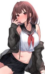 Rule 34 | 1girl, :/, absurdres, arm support, bare shoulders, black jacket, black sailor collar, black skirt, blush, braid, breasts, brown hair, closed mouth, collarbone, crop top, highres, jacket, large breasts, leaning to the side, long hair, long sleeves, looking at viewer, miniskirt, nail polish, navel, neckerchief, nephthys2356, off shoulder, open clothes, open jacket, original, pleated skirt, red eyes, red nails, red neckerchief, sailor collar, school uniform, serafuku, simple background, sitting, skirt, sleeves past wrists, solo, stomach, white background