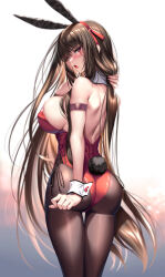 Rule 34 | 1girl, amakano 2, animal ears, ass, bare shoulders, blush, breasts, brown eyes, brown hair, bunny day, commentary request, fake animal ears, fake tail, from behind, hair ornament, hand on own neck, hand up, highleg, highleg leotard, highres, kurohime yuuhi, large breasts, leotard, long hair, looking at viewer, looking back, open mouth, pantyhose, piromizu, playboy bunny, rabbit ears, rabbit tail, red leotard, shiny clothes, simple background, skin tight, solo, strapless, strapless leotard, tail, wrist cuffs