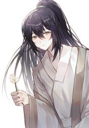 Rule 34 | 1boy, black eyes, black hair, bonno sasu, chinese clothes, coat, dandelion, flower, heterochromia, high ponytail, highres, holding, holding flower, hong lu (project moon), limbus company, long hair, long sleeves, parted lips, project moon, simple background, solo, very long hair, white background, white coat, wide sleeves