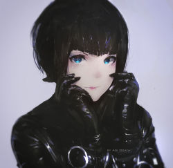 Rule 34 | 1girl, absurdres, aoi ogata, artist name, black gloves, black hair, black jacket, blunt bangs, closed mouth, eyelashes, gloves, hands on own cheeks, hands on own face, hands up, highres, jacket, lips, long sleeves, looking at viewer, original, pink lips, shiny clothes, short hair, solo, upper body