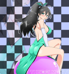 Rule 34 | ass, backless dress, backless outfit, black hair, candy, checkered background, dress, elbow gloves, food, ganaha hibiki, gloves, idolmaster, idolmaster (classic), lollipop, marugoshi teppei, mouth hold, ponytail, sitting, zoom layer