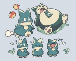 Rule 34 | ?, apple, blush, bubble, closed eyes, closed mouth, creatures (company), fangs, flower, food, fruit, game freak, gen 1 pokemon, gen 4 pokemon, grass, highres, loveycloud, lying, munchlax, nintendo, open mouth, outstretched arms, pokemon, running, simple background, sleeping, snorlax, sound effects, standing
