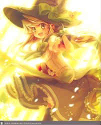 Rule 34 | absurdres, bell, blonde hair, dress, earrings, fang, frills, hand on headwear, hat, highres, jewelry, long hair, ponytail, smile, solo, thighhighs, witch hat, yashiro seika, yellow theme