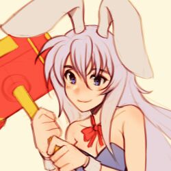 Rule 34 | 1girl, animal ears, bow, bowtie, breasts, cleavage, close-up, closed mouth, detached collar, erina (rabi-ribi), hammer, happy, highres, holding, holding hammer, leotard, long hair, medium breasts, oxcoxa, toy hammer, playboy bunny, purple eyes, purple hair, purple leotard, rabbit ears, rabbit girl, rabi-ribi, red bow, red bowtie, smile, solo, very long hair, wrist cuffs