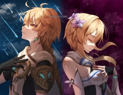 Rule 34 | 1boy, 1girl, aether (genshin impact), asagizuisen, blonde hair, braid, closed eyes, commentary request, earrings, eyelashes, eyes visible through hair, flower, genshin impact, hair between eyes, hair flower, hair ornament, hand on own chest, highres, jewelry, long hair, lumine (genshin impact), multicolored eyes, short hair, siblings, twins, yellow eyes