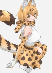 Rule 34 | 1girl, animal ear fluff, animal ears, bare shoulders, belt, blonde hair, bow, bowtie, cat ears, cat girl, cat tail, clothing cutout, commentary, elbow gloves, extra ears, from side, full body, gloves, grey background, hair between eyes, hand on own knee, highres, kemono friends, looking at viewer, looking to the side, print bow, print bowtie, print gloves, print skirt, print thighhighs, serval (kemono friends), serval print, shirt, shoes, short hair, simple background, skirt, sleeveless, sleeveless shirt, solo, squatting, tail, tail through clothes, tanabe (fueisei), thighhighs, white footwear, white shirt, yellow eyes, zettai ryouiki
