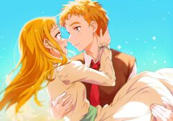 Rule 34 | 1boy, 1girl, amai shirou, blonde hair, brown hair, brown vest, carrying, couple, dress, eye contact, floating hair, hetero, highres, imminent kiss, kasugano urara (yes! precure 5), kibou no chikara ~otona precure &#039;23~, kyoutsuugengo, long dress, long hair, long sleeves, looking at another, necktie, open mouth, parted lips, precure, princess carry, red necktie, straight hair, syrup (yes! precure 5), vest, white dress, wing collar, yellow eyes, yes! precure 5