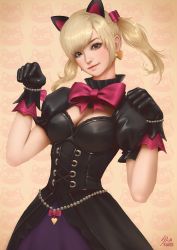 Rule 34 | 1girl, alternate hair color, alternate hairstyle, animal ears, bad id, bad tumblr id, black cat d.va, black gloves, blonde hair, bow, breasts, cat ears, cleavage, d.va (overwatch), dress, earrings, fake animal ears, gloves, gothic lolita, heart, heart earrings, highres, jewelry, lolita fashion, looking at viewer, official alternate costume, overwatch, overwatch 1, paw pose, raikoart, solo, twintails, upper body