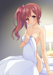 Rule 34 | 1girl, asa no ha (awayuki), bed, bed sheet, breasts, brown eyes, brown hair, highres, long hair, nude, solo