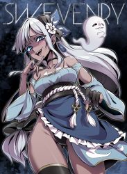 Rule 34 | 1girl, bare shoulders, blue eyes, blush, choker, commission, cowboy shot, ebiblue, ghost, gloves, gluteal fold, grey hair, hairband, highres, long hair, looking at viewer, open mouth, original, single thighhigh, skeb commission, solo, teeth, thighhighs, tongue