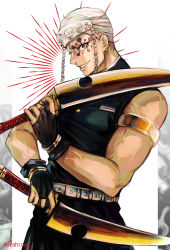 Rule 34 | 1boy, abs, alternate pectoral size, artist name, bara, belt, demon slayer uniform, earrings, feet out of frame, forehead protector, highres, holding, holding sword, holding weapon, jewelry, kimetsu no yaiba, looking at viewer, male focus, mature male, mirshroom, muscular, muscular male, over shoulder, red eyes, smile, solo, sun, sword, thighs, uniform, uzui tengen, veins, weapon, weapon over shoulder, white background, white hair
