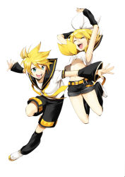 Rule 34 | 1boy, 1girl, bad id, bad pixiv id, belt, blonde hair, blue eyes, breasts, brother and sister, detached sleeves, closed eyes, hair ornament, hairclip, happy, hirococo, jumping, kagamine len, kagamine rin, no bra, outstretched arms, short shorts, shorts, siblings, small breasts, spread arms, twins, underboob, vocaloid