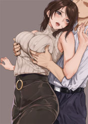 Rule 34 | 1boy, 1girl, bare shoulders, belt, black pants, grabbing another&#039;s breast, breasts, brown background, brown hair, covered erect nipples, dress shirt, grabbing, grey eyes, high collar, large breasts, medium hair, office lady, open mouth, original, out of frame, pants, pencil skirt, ribbed shirt, shirt, skirt, sleeveless, sleeveless shirt, sleeves rolled up, yamaishi (mukoubuti)