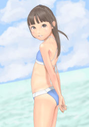 Rule 34 | 1girl, arms behind back, ass, beach, bikini, blue bikini, blunt bangs, brown eyes, brown hair, child, cloud, commentary request, flat chest, from side, highres, long hair, looking at viewer, ocean, original, outdoors, own hands together, sky, smile, solo, swimsuit, thighs, uzuki mei