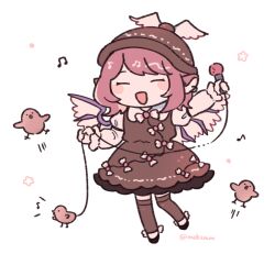 Rule 34 | 1girl, animal, animal ears, beamed eighth notes, bird, bird ears, bird wings, black footwear, blush stickers, brown dress, brown hat, brown thighhighs, closed eyes, dress, earrings, eighth note, hat, holding, holding microphone, jewelry, long sleeves, microphone, mozukuzu (manukedori), musical note, mystia lorelei, open mouth, pink hair, shoes, short hair, simple background, single earring, sleeve garter, smile, solo, thighhighs, touhou, twitter username, white background, white wings, winged footwear, winged hat, wings