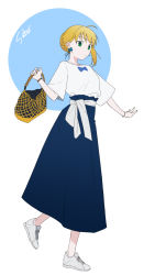 Rule 34 | 1girl, adapted costume, ahoge, alternate costume, artoria pendragon (all), artoria pendragon (fate), bag, blonde hair, blue bow, blue skirt, bow, bow earrings, bowtie, braid, character name, closed mouth, collarbone, commentary request, earrings, fate/stay night, fate (series), from side, full body, green eyes, holding, holding bag, jewelry, karasaki, long skirt, looking at viewer, medium hair, saber (fate), sash, shirt, shoelaces, shoes, short sleeves, sidelocks, simple background, skirt, sneakers, solo, standing, white background, white footwear, white sash, white shirt
