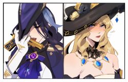 2girls ascot bare_shoulders black_hat blonde_hair blue_eyes blue_gemstone blue_hair blush bodice border breasts cleavage clorinde_(genshin_impact) closed_mouth commentary dark_blue_hair detached_collar dress drill_hair drill_sidelocks electro_symbol_(genshin_impact) english_commentary epaulettes flower fold-over_gloves framed_breasts gem genshin_impact gloves gun hair_between_eyes handgun hat hat_feather hat_flower hat_over_one_eye highres lace-trimmed_collar lace_trim large_breasts licking long_hair long_hair_between_eyes multiple_girls navia_(genshin_impact) open_mouth purple_ascot purple_eyes purple_hat rose seijousai shirt sidelocks split_screen strapless strapless_dress taut_clothes taut_shirt tongue tongue_out tricorne vision_(genshin_impact) weapon white_border white_gloves yellow_flower yellow_rose yuri