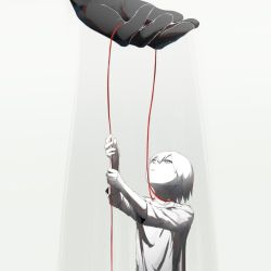 Rule 34 | 1boy, avogado6, commentary, giant hand, hair between eyes, looking up, male focus, muted color, noose, original, pulling, short hair, simple background, string, string of fate, suicide, tagme