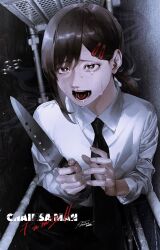 Rule 34 | 1girl, black hair, black necktie, black pants, chainsaw man, collared shirt, dark, distortion, hair ornament, hairclip, higashiyama kobeni, highres, holding, holding knife, k041800, knife, looking to the side, mole, mole under mouth, necktie, open mouth, pants, scared, shirt, shirt tucked in, short hair, short ponytail, single sidelock, solo, sweat, tearing up, white shirt
