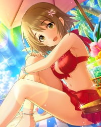 Rule 34 | 10s, 1girl, bare legs, barefoot, bikini, breasts, brown eyes, brown hair, cleavage, cloud, day, drink, drinking straw, flower, food, fruit, garnish, hair flower, hair ornament, idolmaster, idolmaster cinderella girls, large breasts, lens flare, lime (fruit), lime slice, looking at viewer, mimura kanako, navel, official art, open mouth, palm tree, red bikini, short hair, sky, solo, sun, swimsuit, tree, umbrella