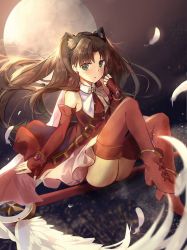 Rule 34 | 1girl, animal ears, ass, bare shoulders, black hair, blush, brown hair, cat ears, cat tail, earrings, elbow gloves, fake animal ears, fate/hollow ataraxia, fate/stay night, fate (series), feathers, female focus, flying, gloves, green eyes, highres, jewelry, kaleido ruby, kaleidostick, kita (kitairoha), long hair, magical girl, moon, night, night sky, no panties, red thighhighs, sitting, sky, solo, tail, thighhighs, tohsaka rin, toosaka rin, two side up