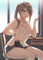 Rule 34 | 1girl, absurdres, black panties, blue skirt, blurry, blurry background, blush, bracelet, breasts, brown hair, chair, classroom, cleavage, clothes lift, collared shirt, commentary request, desk, elbow rest, green eyes, grin, hand up, highres, hot, indoors, itohana, jewelry, lifting own clothes, long hair, looking at viewer, medium breasts, miniskirt, original, panties, panty peek, ponytail, school chair, school desk, school uniform, see-through, shirt, short sleeves, sitting, skirt, skirt lift, smile, solo, sweat, underwear, white shirt