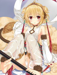 Rule 34 | 10s, 1girl, ahoge, andira (granblue fantasy), animal ears, bare shoulders, barefoot, between toes, blonde hair, blush, breasts, commentary request, detached sleeves, feet, female masturbation, holding with feet, fujieda uzuki, granblue fantasy, hairband, heart, heart-shaped pupils, highres, looking at viewer, masturbation, monkey ears, monkey tail, no shoes, red eyes, short hair, sideboob, sitting, small breasts, soles, solo, staff, symbol-shaped pupils, tail, thighhighs, thighs, toes