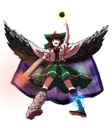 Rule 34 | 1girl, alinoce716, arm cannon, arm up, asymmetrical footwear, bird wings, black socks, black sun, black wings, bow, breasts, brown eyes, brown hair, cape, collared shirt, commentary request, control rod, frilled shirt, frilled skirt, frills, full body, green bow, green skirt, hair bow, highres, kneehighs, large breasts, long hair, looking at viewer, looking down, mismatched footwear, open mouth, pointing, pointing up, puffy short sleeves, puffy sleeves, reiuji utsuho, shirt, shoes, short sleeves, simple background, single shoe, skirt, socks, solo, starry sky print, sun, third eye, touhou, weapon, white background, white cape, white shirt, wings