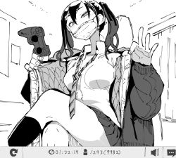 Rule 34 | 1girl, black hair, breasts, coat, collared shirt, commentary, controller, crossed legs, fake video, from below, game controller, greyscale, idolmaster, idolmaster cinderella girls, indoors, livestream, long sleeves, looking at viewer, loose necktie, mask, medium breasts, miniskirt, mole, mole under eye, monochrome, mouth mask, necktie, niku-name, open clothes, open coat, playstation controller, pleated skirt, school uniform, sharp teeth, shirt, sitting, sketch, skirt, solo, striped necktie, striped neckwear, sunazuka akira, surgical mask, teeth, twintails, wing collar