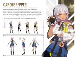 Rule 34 | 1girl, a-pose, bad source, black gloves, black skirt, blue skirt, carole peppers, character name, clenched hand, concept art, dark-skinned female, dark skin, doughnut, earrings, english text, fingerless gloves, food, full body, gloves, highres, honkai (series), honkai impact 3rd, jacket, jewelry, nail polish, official art, open clothes, open hands, open jacket, open mouth, skirt, teeth, translated, upper body, upper teeth only, white hair, white jacket, white sleeves, yellow eyes