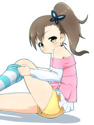 Rule 34 | 1girl, bare shoulders, blush, brown hair, butterfly hair ornament, choker, chousoku henkei gyrozetter, dressing, flat chest, green eyes, hair ornament, highres, inaba rinne, kusaba, kusaba (kusabashiki), long hair, long sleeves, looking at viewer, ribbon choker, shorts, side ponytail, single thighhigh, smile, solo, striped clothes, striped thighhighs, thighhighs