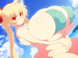 Rule 34 | 1girl, bikini, blonde hair, blush, bow, bra, breasts, cloud, covered erect nipples, gigantic breasts, green bikini, green bra, green panties, hair between eyes, katsuki yousuke, long hair, looking at viewer, original, own hands together, panties, plump, puffy nipples, red bow, red eyes, smile, solo, swimsuit, thick eyebrows, twintails, underwear, wet, yousuke)