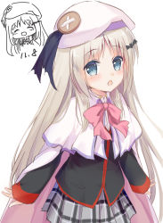 Rule 34 | 1girl, absurdres, bat hair ornament, beret, black jacket, blue eyes, blush, bow, cannian dada, cape, capelet, chibi, chibi inset, collared shirt, dated, dress shirt, grey skirt, hair ornament, hat, highres, jacket, light brown hair, little busters!, long hair, long sleeves, looking at viewer, multicolored cape, multicolored clothes, noumi kudryavka, open mouth, pink bow, pink cape, plaid, plaid skirt, pleated skirt, school uniform, shirt, skirt, sleeves past wrists, solo, very long hair, white cape, white capelet, white hat, white shirt