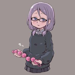 Rule 34 | 1girl, anal beads, black-framed eyewear, black skirt, black sweater, blush, cropped legs, dildo, es (eisis), glasses, grey background, highres, holding, holding sex toy, long sleeves, low twintails, original, pleated skirt, purple eyes, purple hair, sex toy, short twintails, simple background, skirt, solo, sound effects, sweater, twintails