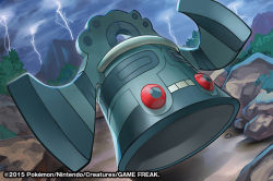 Rule 34 | 2015, bronzong, cloud, cloudy sky, commentary, creature, creatures (company), dark clouds, english commentary, floating, full body, game freak, gen 4 pokemon, match (idleslumber), nintendo, no humans, official art, pokemon, pokemon (creature), pokemon tcg, red eyes, rock, sky, solo, storm, thunder, tree, watermark
