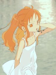 Rule 34 | 1girl, aged down, arm behind head, bare shoulders, collarbone, cowboy shot, dress, flat chest, from side, hair behind ear, highres, long hair, looking at viewer, looking to the side, nami (one piece), one piece, one piece film: z, open mouth, orange eyes, orange hair, outdoors, shoulder tattoo, sleeveless, sleeveless dress, solo, spaghetti strap, tattoo, twintails, urasanmyaku, white dress