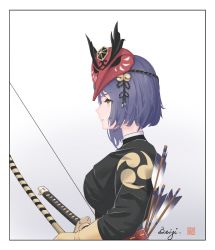 Rule 34 | 1girl, alternate costume, archery, arrow (projectile), beiyi, black hair, bow (weapon), commentary request, framed image, from side, genshin impact, gloves, hair between eyes, highres, holding, holding bow (weapon), holding weapon, japanese clothes, katana, kujou sara, kyuudou, long sleeves, looking away, mask, mask on head, mitsudomoe (shape), short hair, sidelocks, simple background, solo, sword, tengu mask, tomoe (symbol), weapon, white background, yellow eyes, yellow gloves